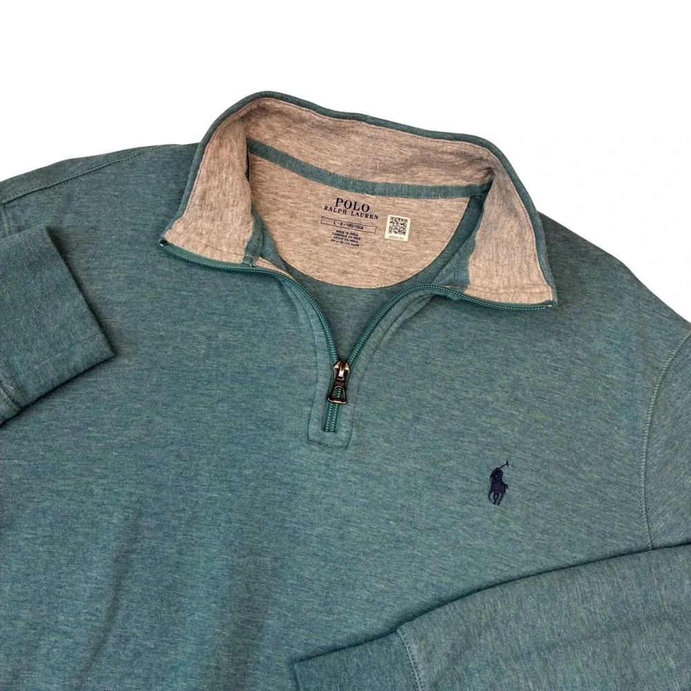 Polo Ralph Lauren Pullover Mens L Teal Blue Heather Quarter Zip Cotton Blend